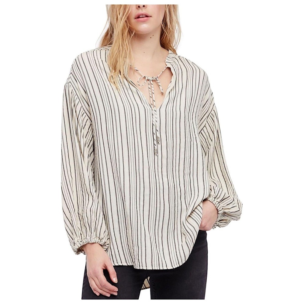 Free People Tunic Top Women Sz M Ivory Striped V-Neck Long Sleeve